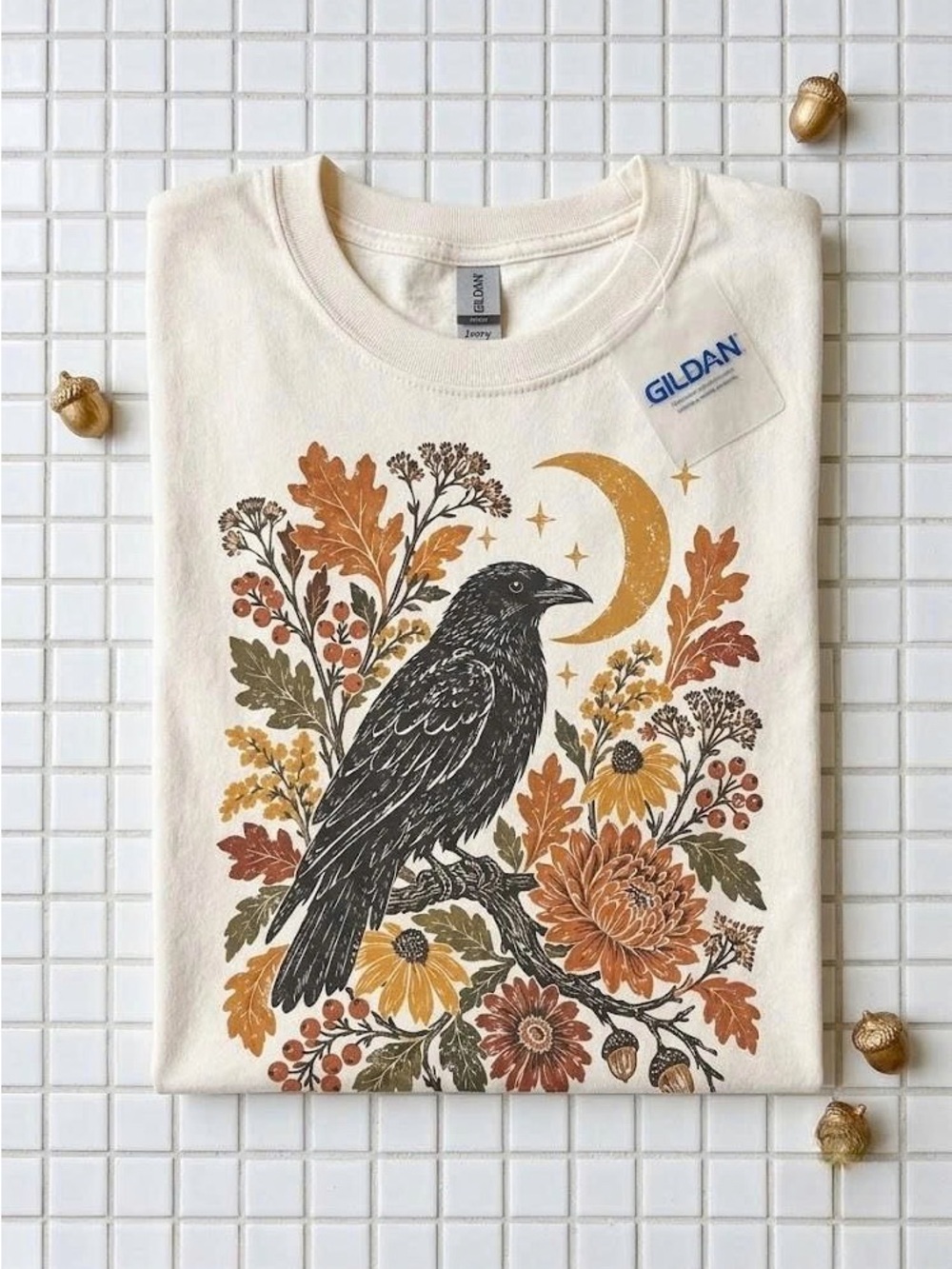 Vintage Fall Raven Crow Graphic Tee | Cottagecore Autumn Botanical Witch Shirt